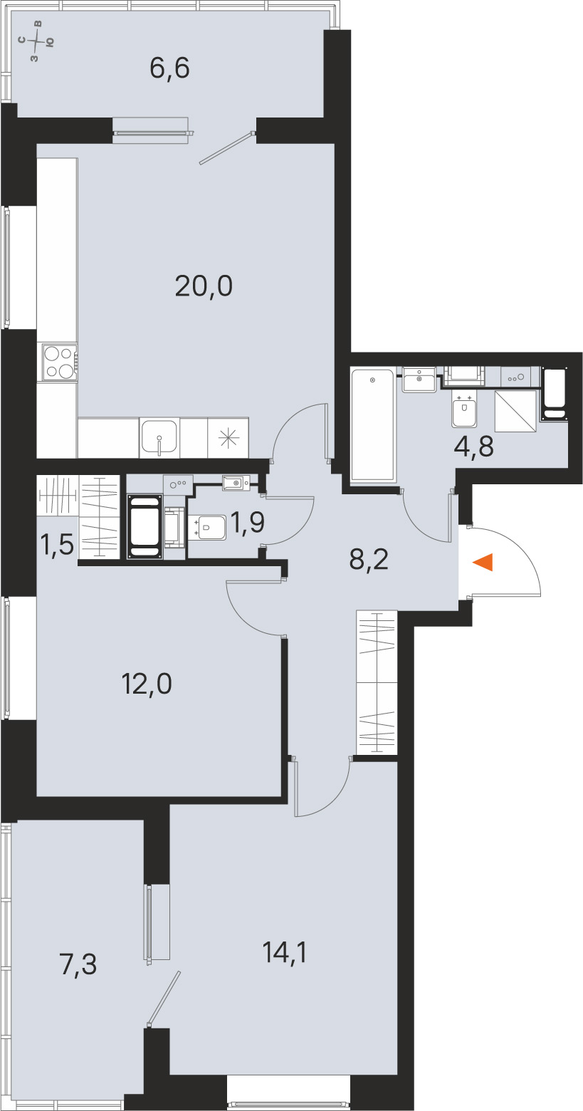 Планировка: 2-комнатная квартира, 62,5 м²