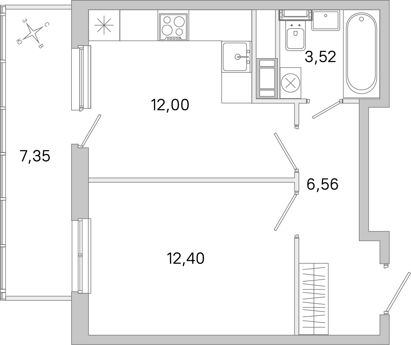 Планировка: 1-комнатная квартира, 34,5 м²