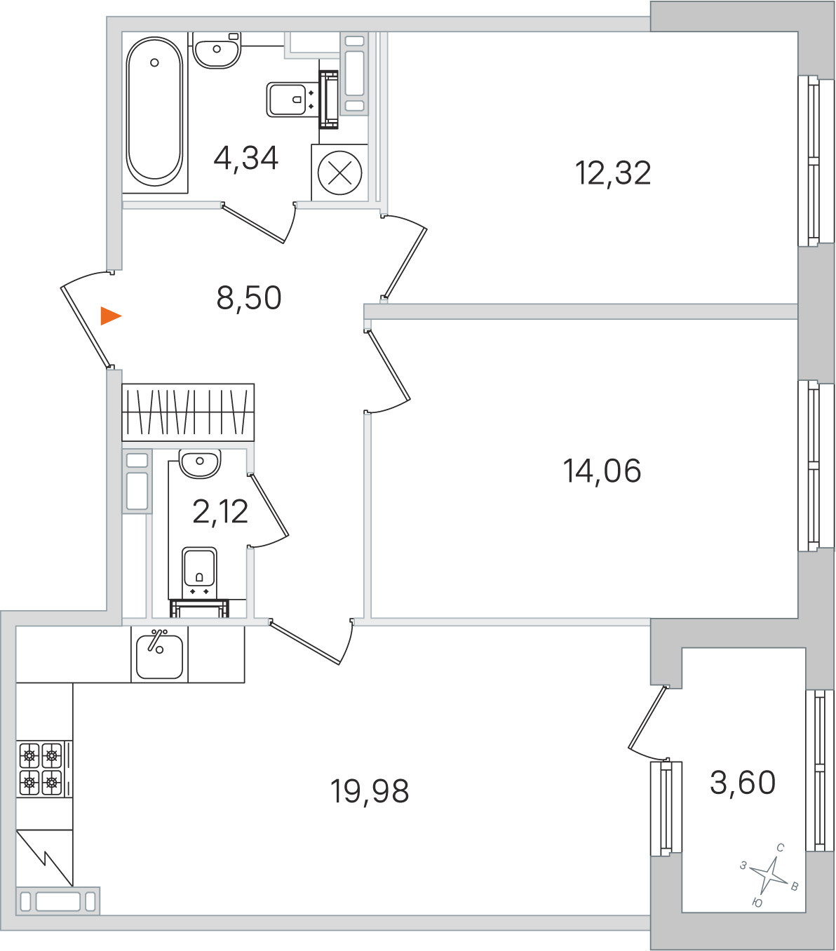 Планировка: 2-комнатная квартира, 61,3 м²