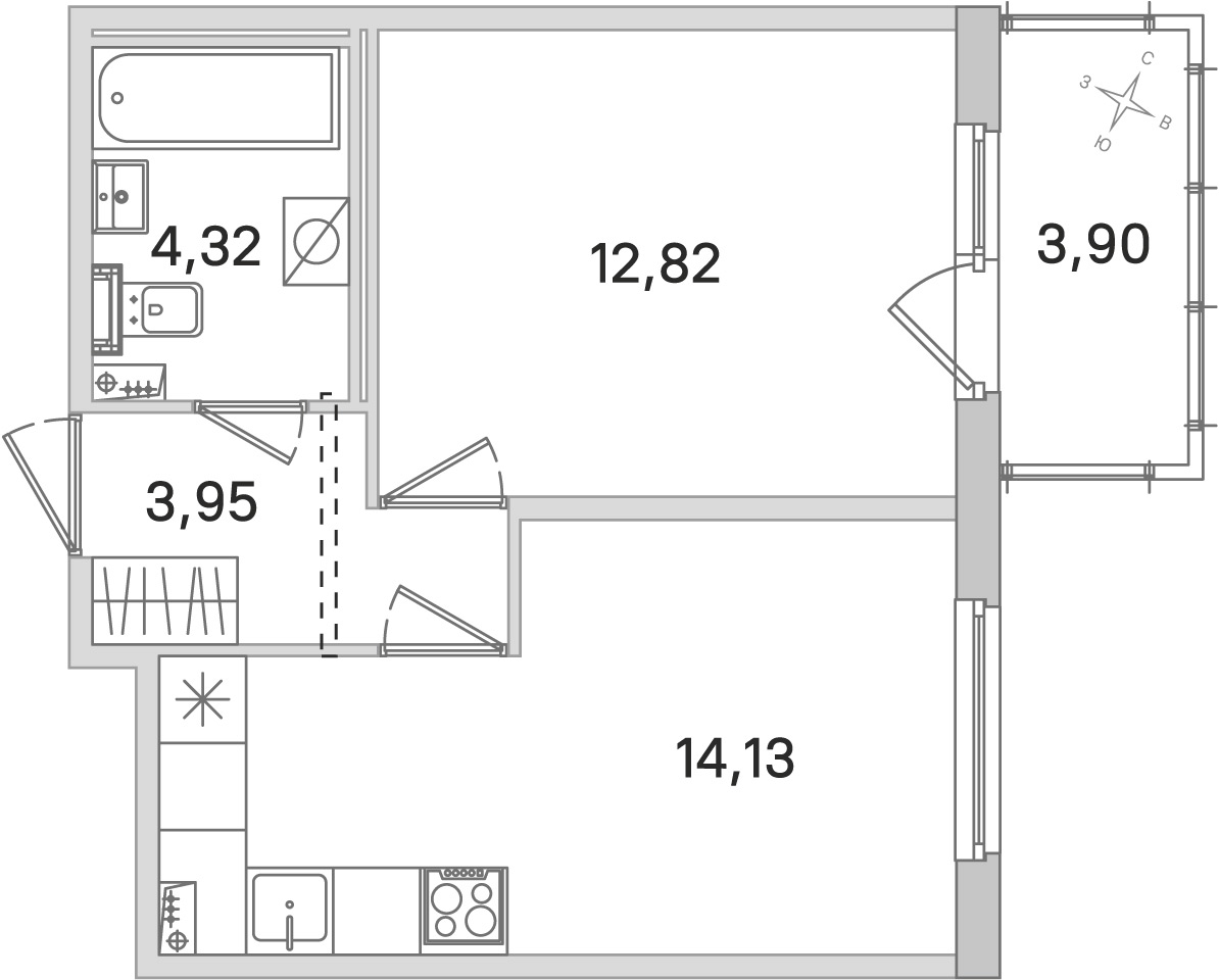 Планировка: 1-комнатная квартира, 35,2 м²