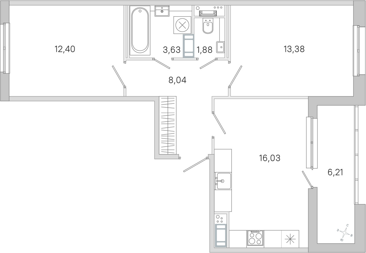 Планировка: 2-комнатная квартира, 55,4 м²