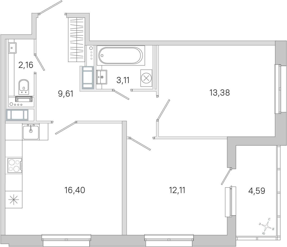 Планировка: 2-комнатная квартира, 56,8 м²