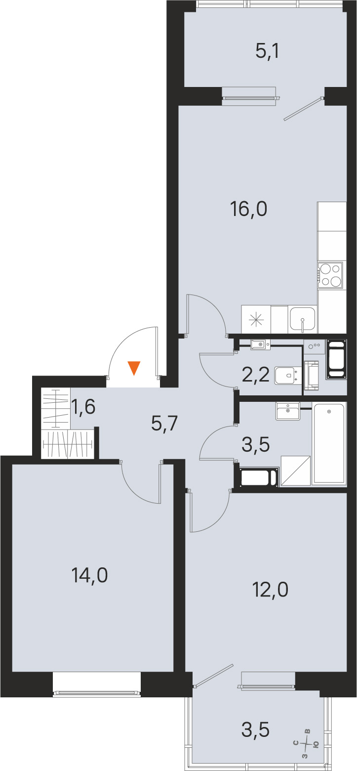 Планировка: 2-комнатная квартира, 55,0 м²