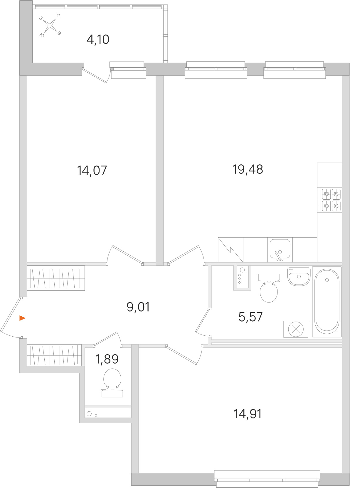 Планировка: 2-комнатная квартира, 64,9 м²