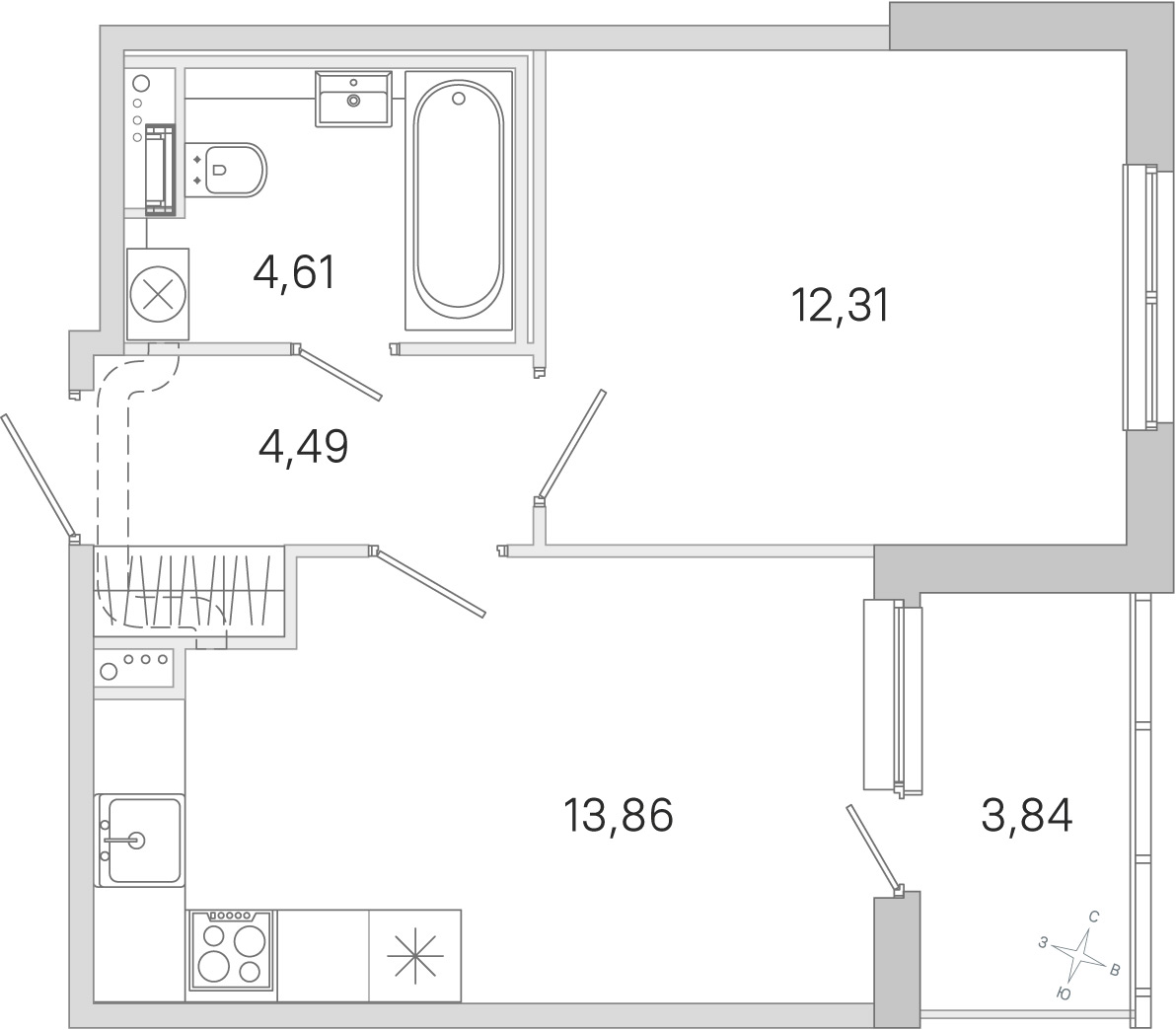 Планировка: 1-комнатная квартира, 35,3 м²