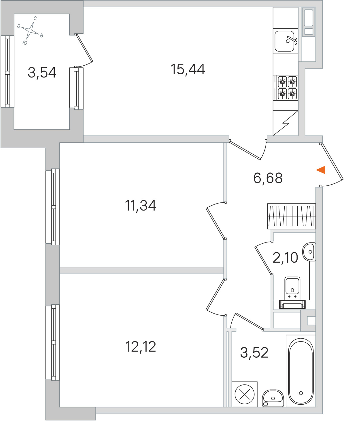 Планировка: 2-комнатная квартира, 51,2 м²