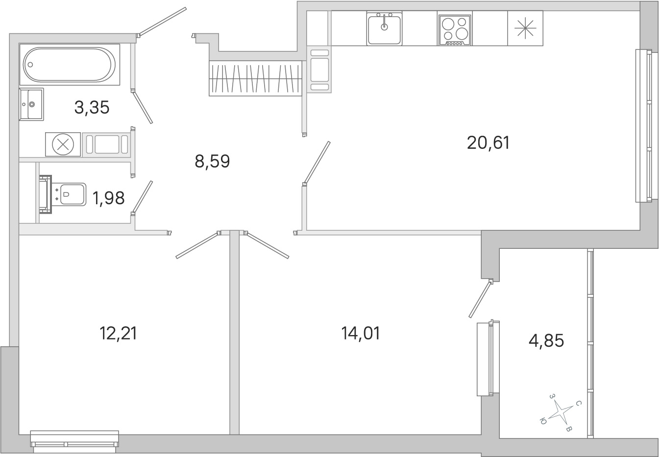 Планировка: 2-комнатная квартира, 60,8 м²