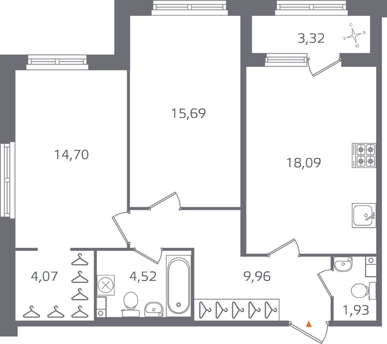 Планировка: 2-комнатная квартира, 69,0 м²
