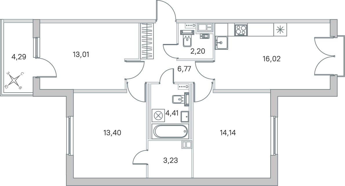 Планировка: 3-комнатная квартира, 73,2 м²