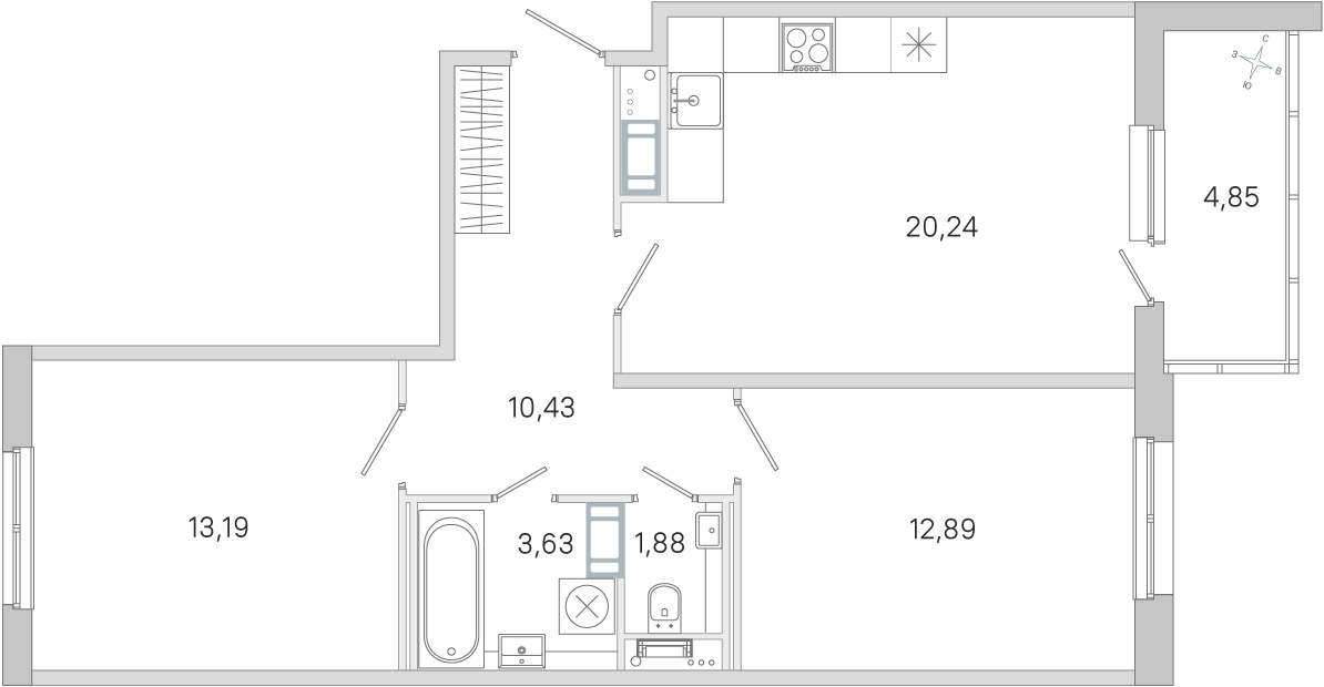 Планировка: 2-комнатная квартира, 62,3 м²
