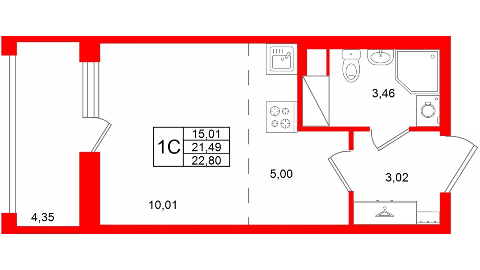 Планировка: студия, 21,5 м²