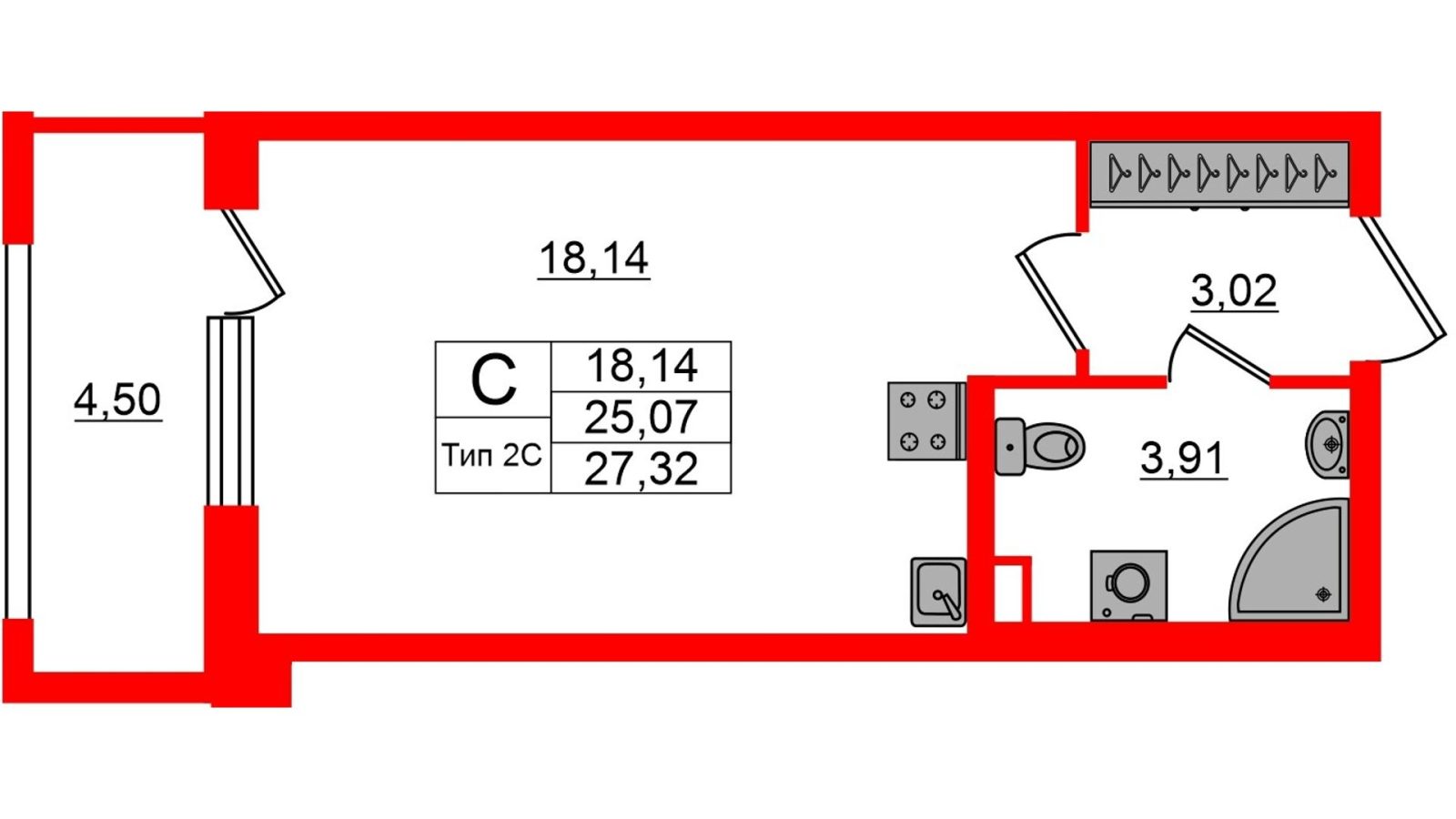 Планировка: студия, 25,1 м²