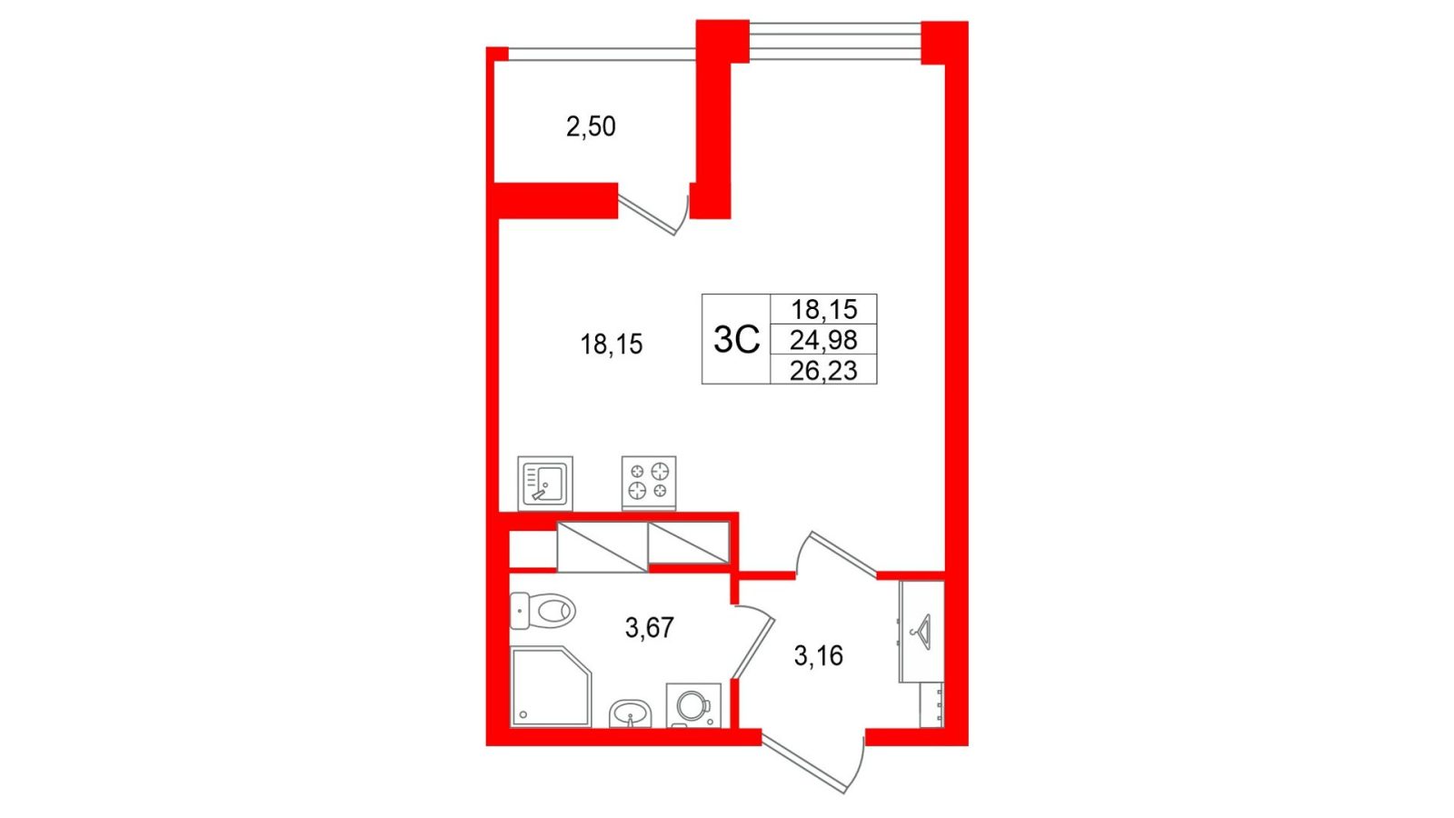 Планировка: студия, 25,0 м²