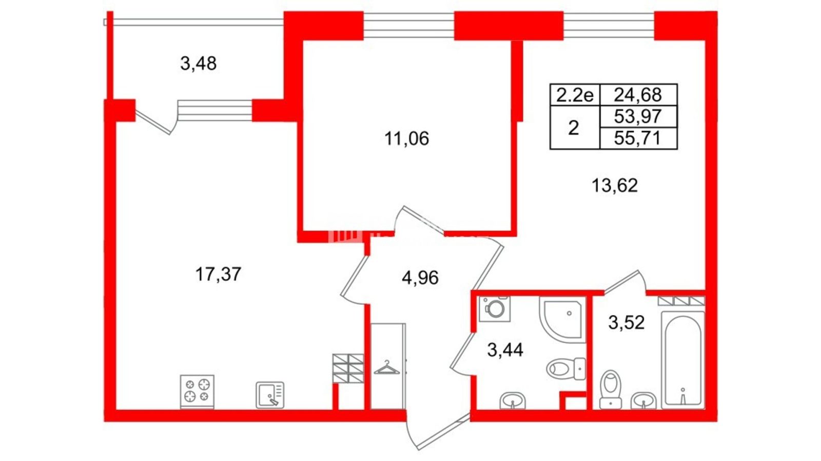 Планировка: 2-комнатная квартира, 54,0 м²
