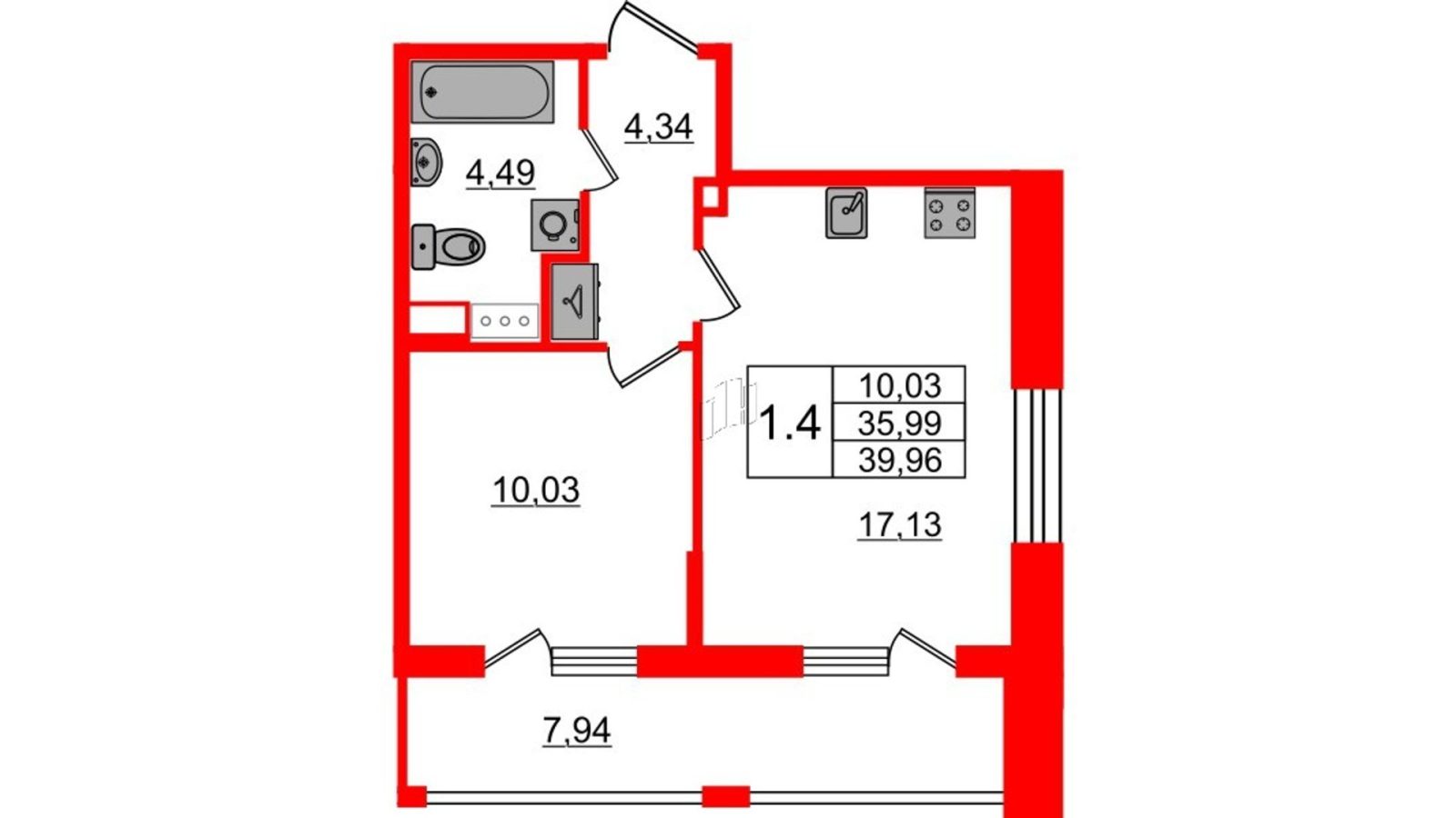 Планировка: 1-комнатная квартира, 36,0 м²