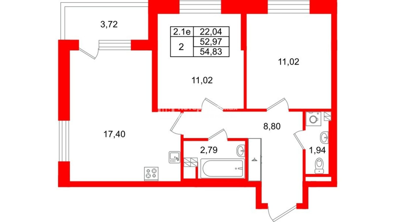 Планировка: 2-комнатная квартира, 53,0 м²