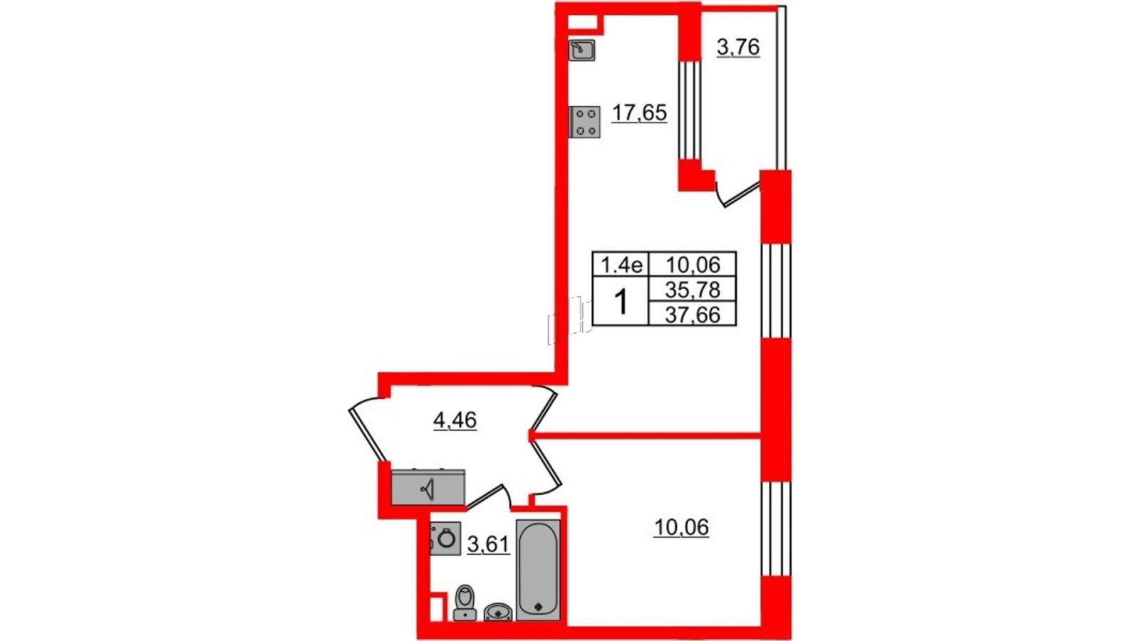 Планировка: 1-комнатная квартира, 35,8 м²