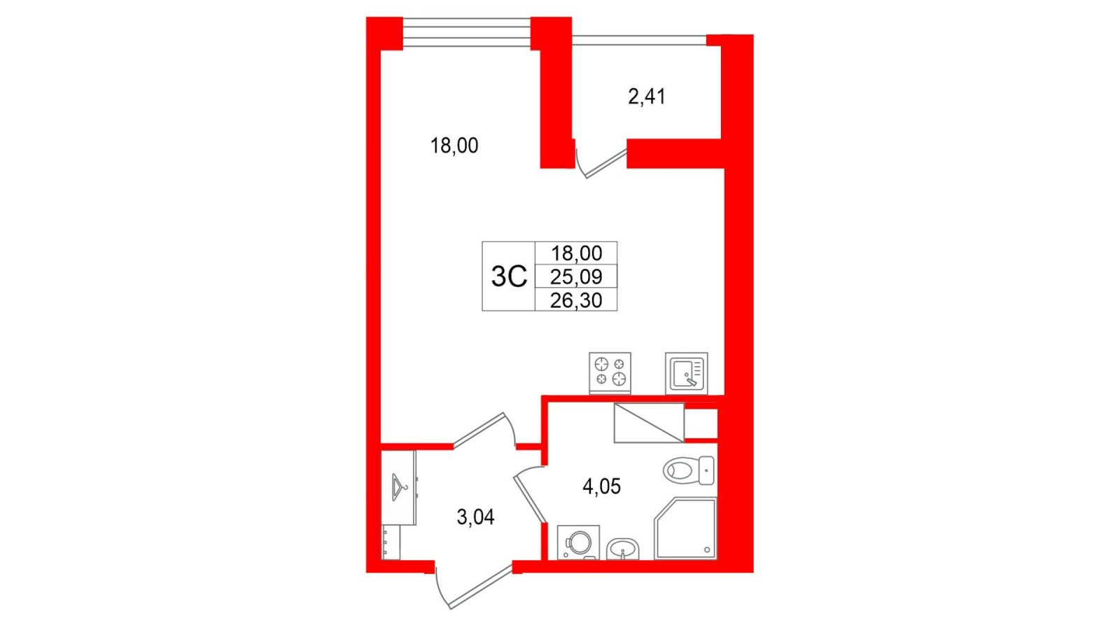 Планировка: студия, 25,1 м²
