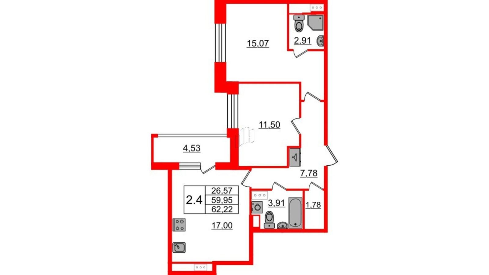 Планировка: 2-комнатная квартира, 60,0 м²