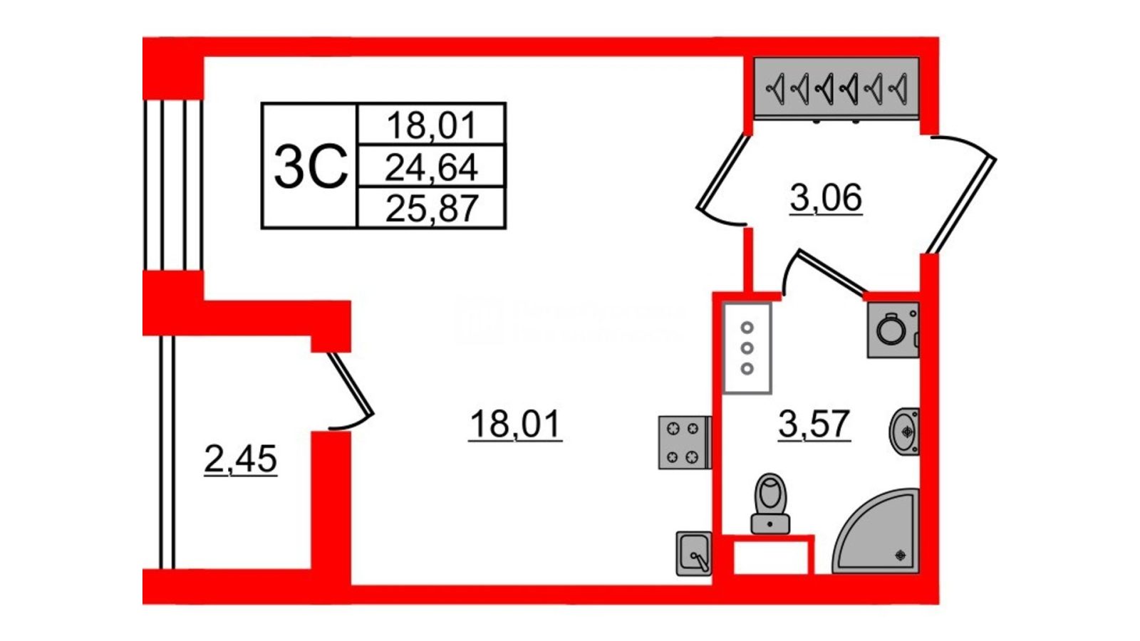 Планировка: студия, 24,6 м²