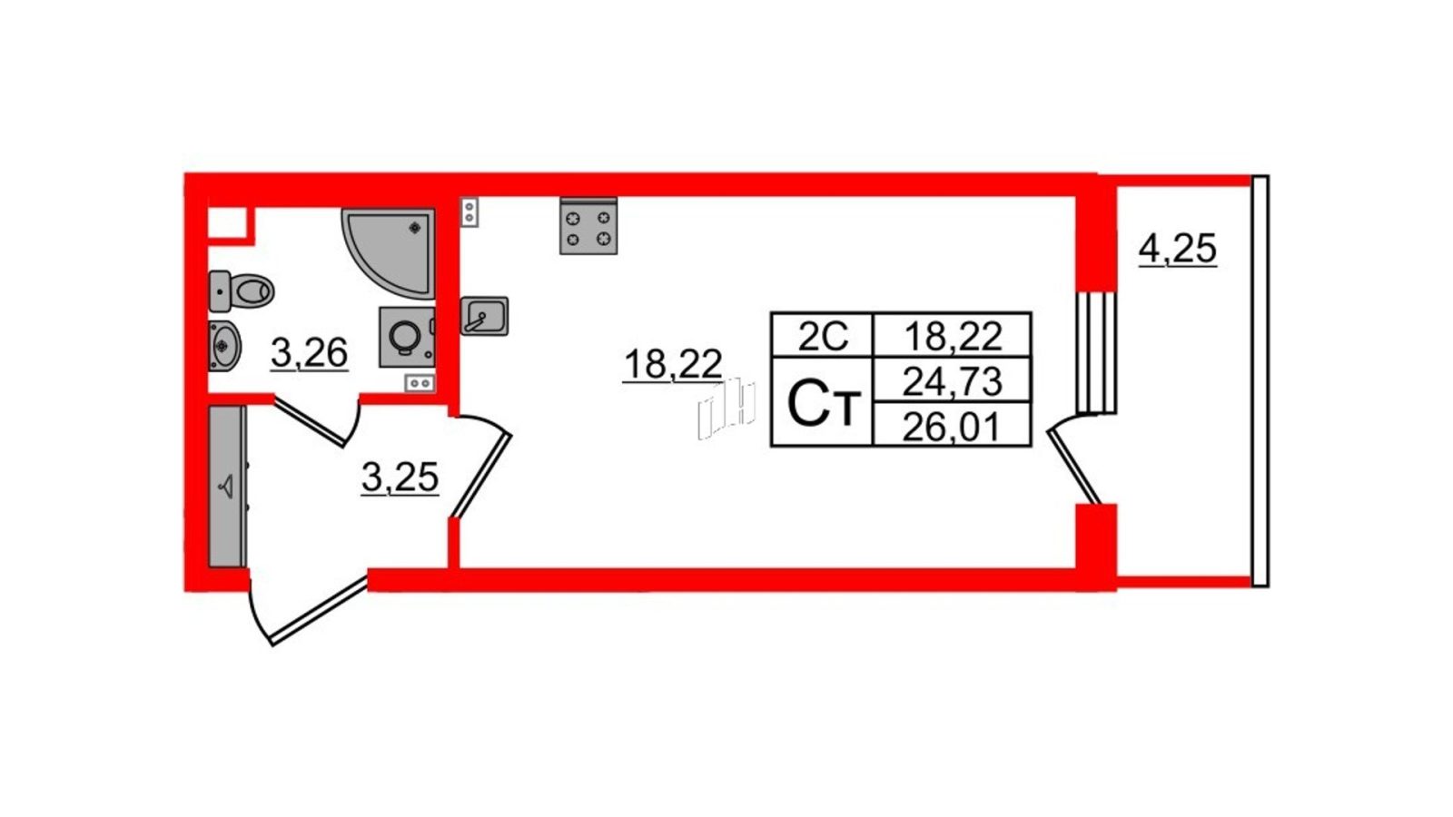 Планировка: студия, 24,7 м²