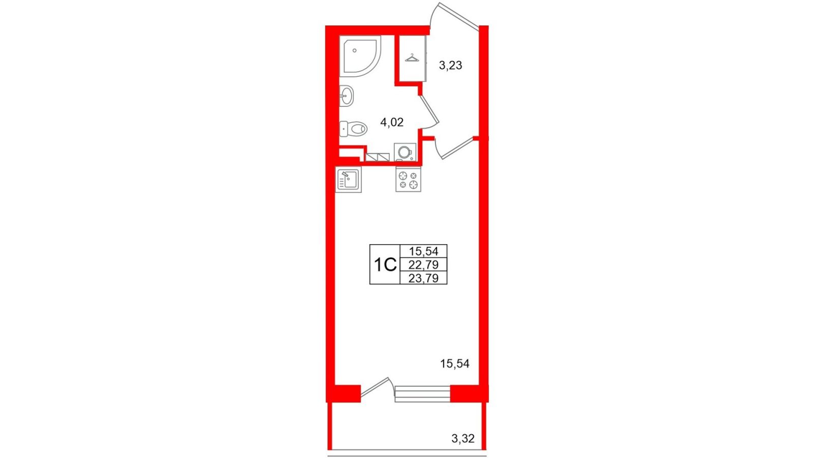 Планировка: студия, 22,8 м²
