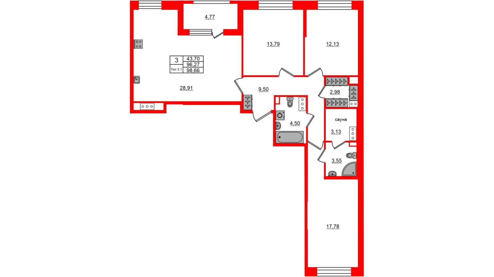 Планировка: 3-комнатная квартира, 96,3 м²