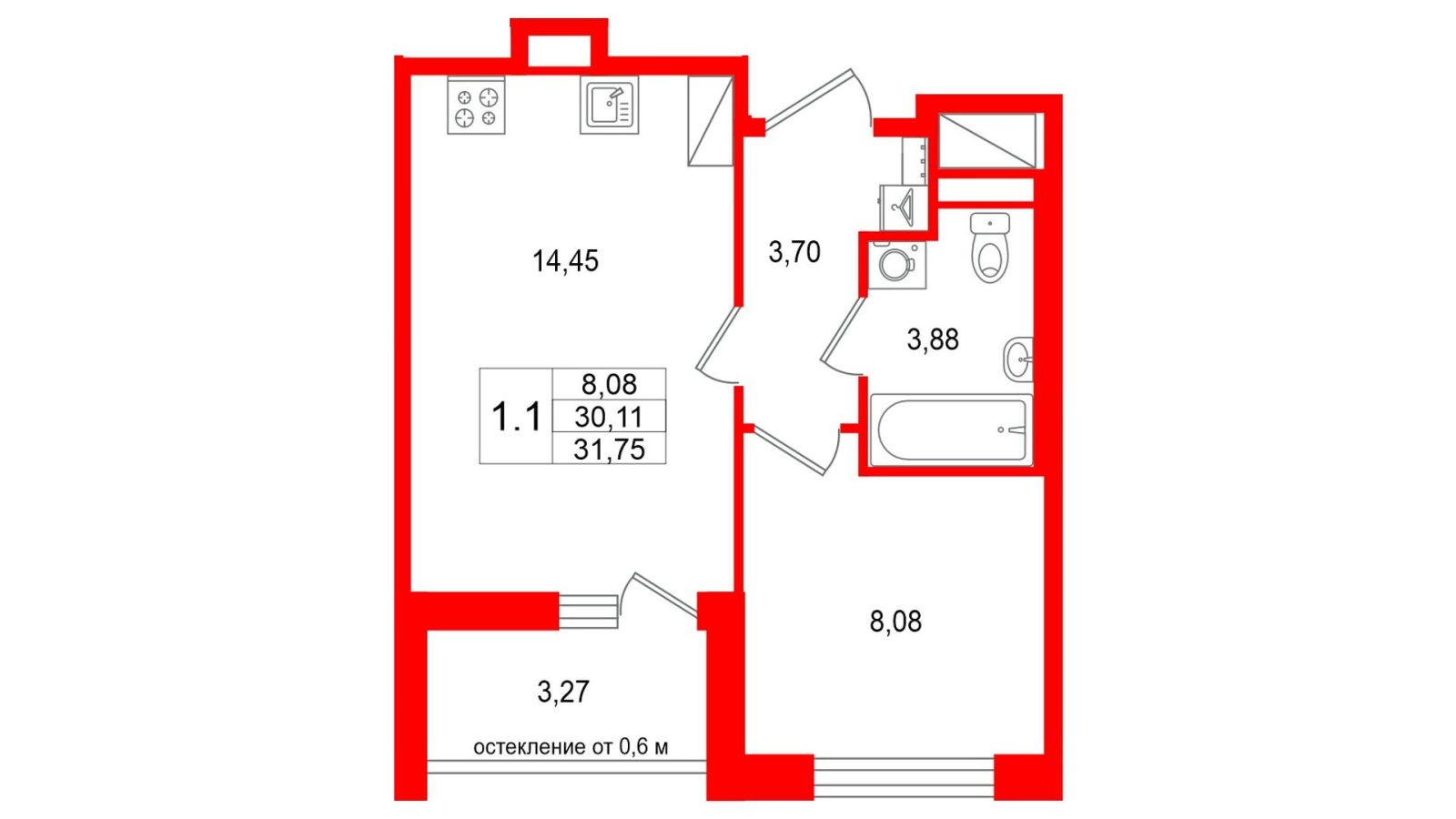 Планировка: 1-комнатная квартира, 30,1 м²