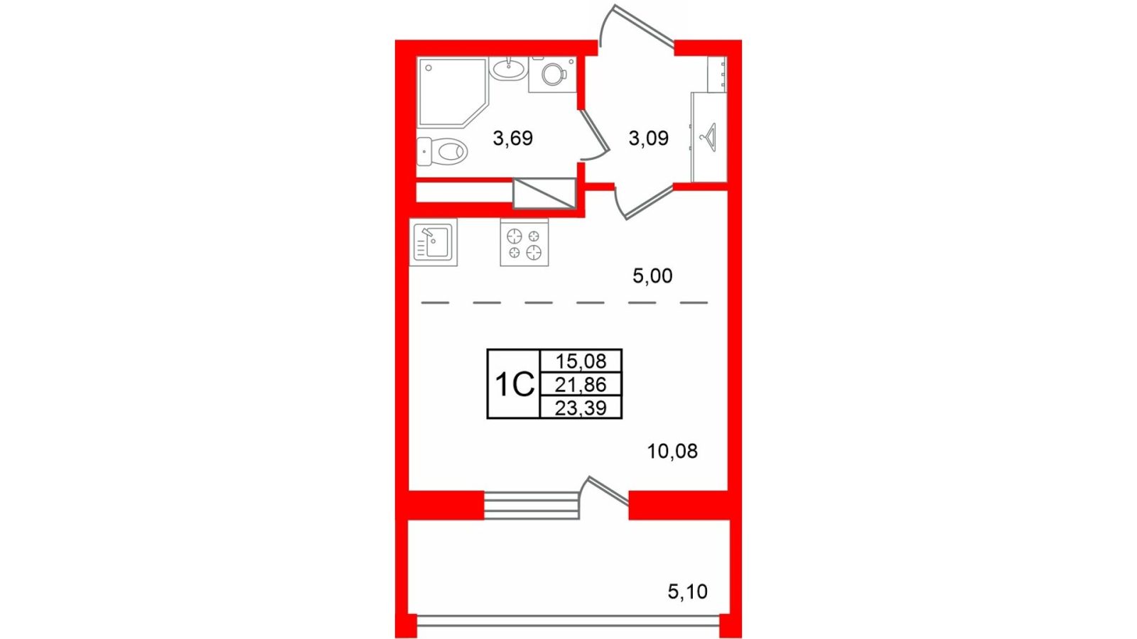 Планировка: студия, 21,9 м²