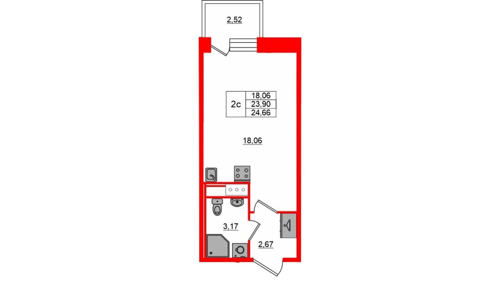 Планировка: студия, 23,9 м²