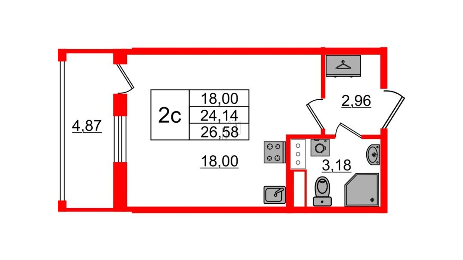 Планировка: студия, 24,1 м²
