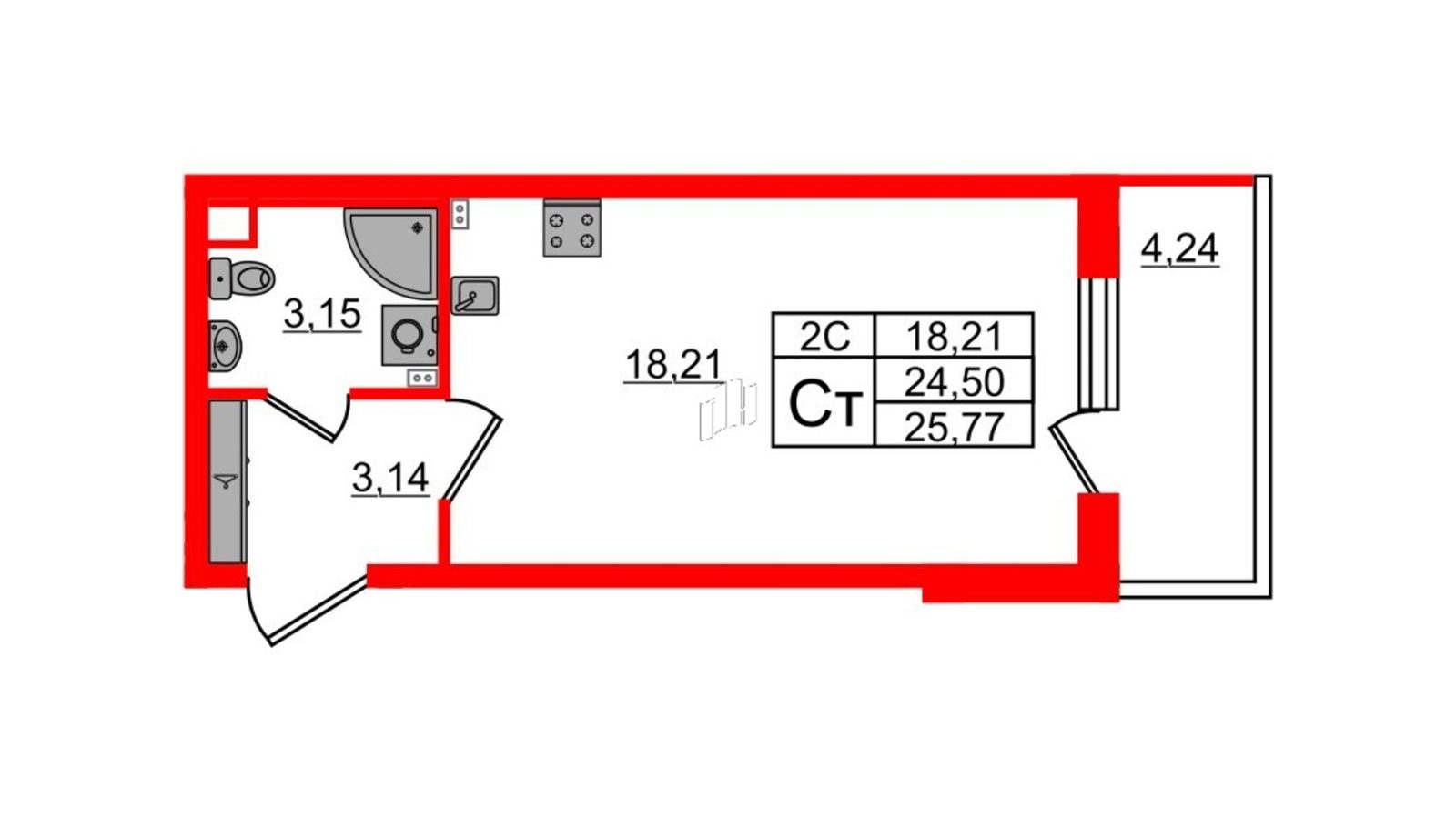 Планировка: студия, 24,5 м²
