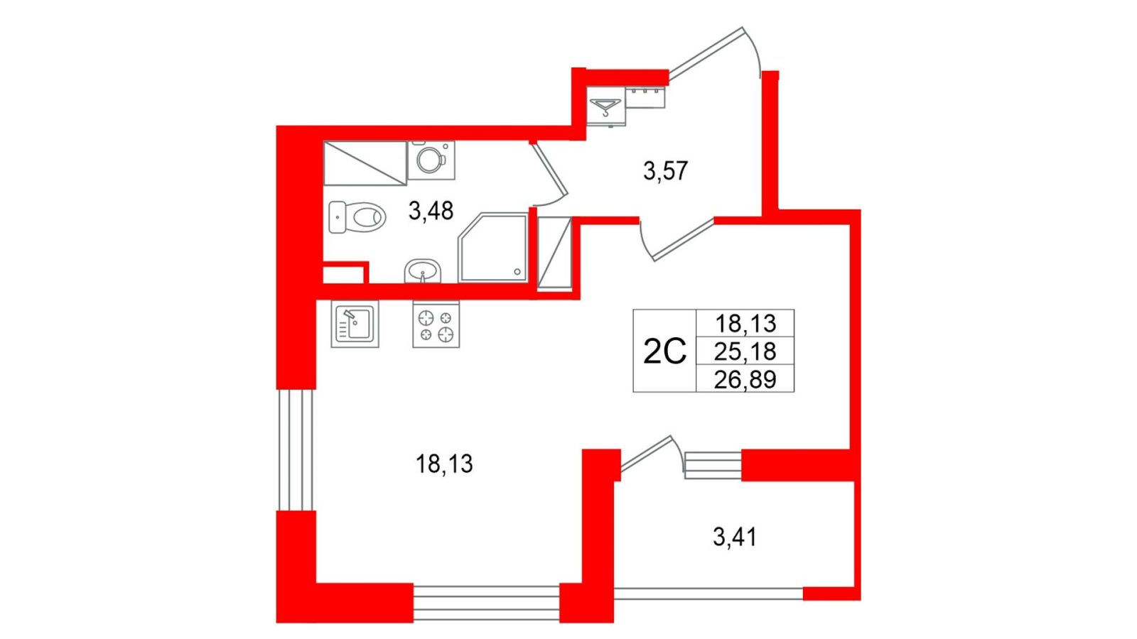 Планировка: студия, 25,2 м²