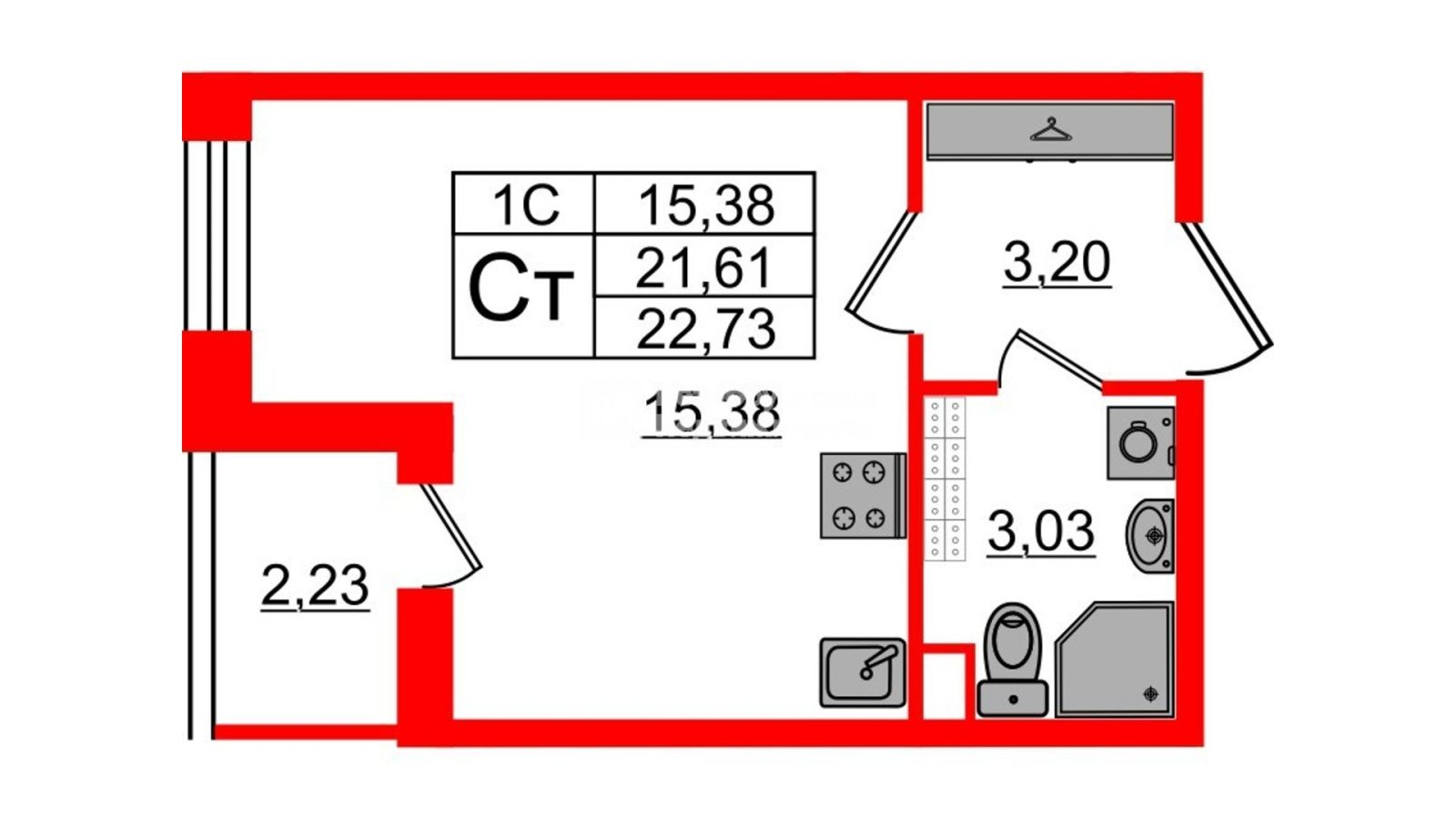 Планировка: студия, 21,2 м²