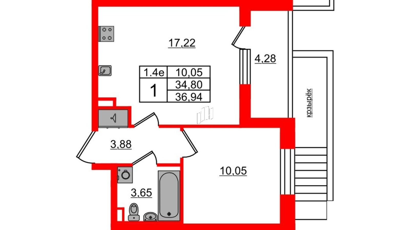 Планировка: 1-комнатная квартира, 34,8 м²