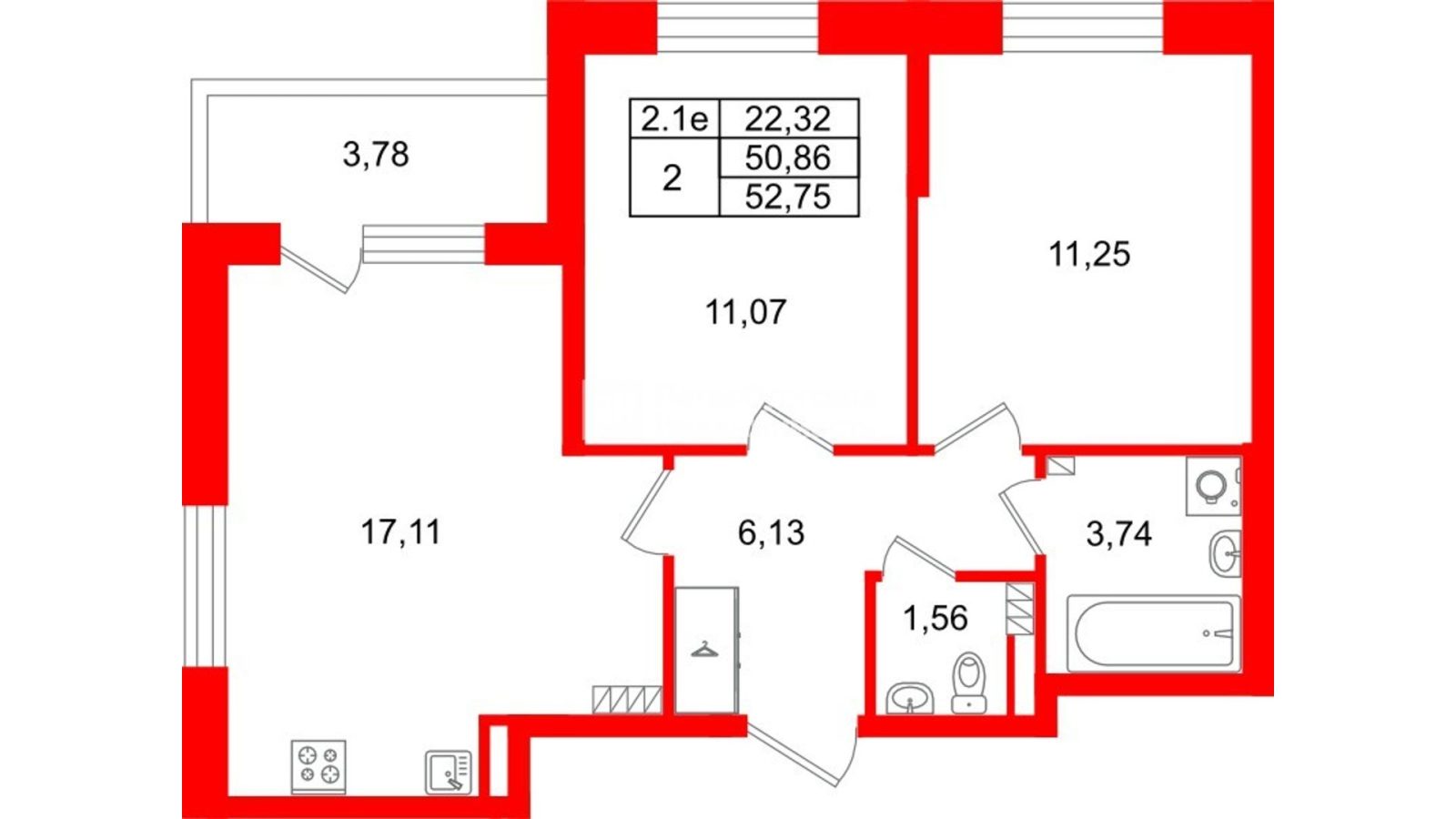 Планировка: 2-комнатная квартира, 50,9 м²
