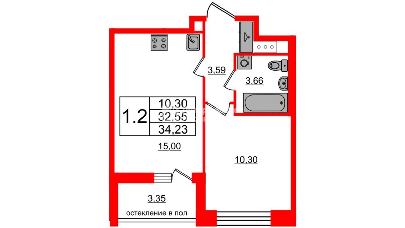 Планировка: 1-комнатная квартира, 32,6 м²