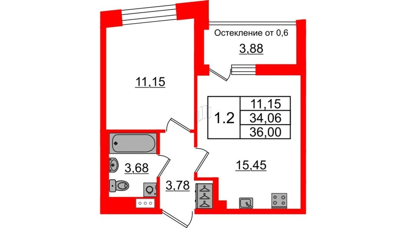 Планировка: 1-комнатная квартира, 34,1 м²