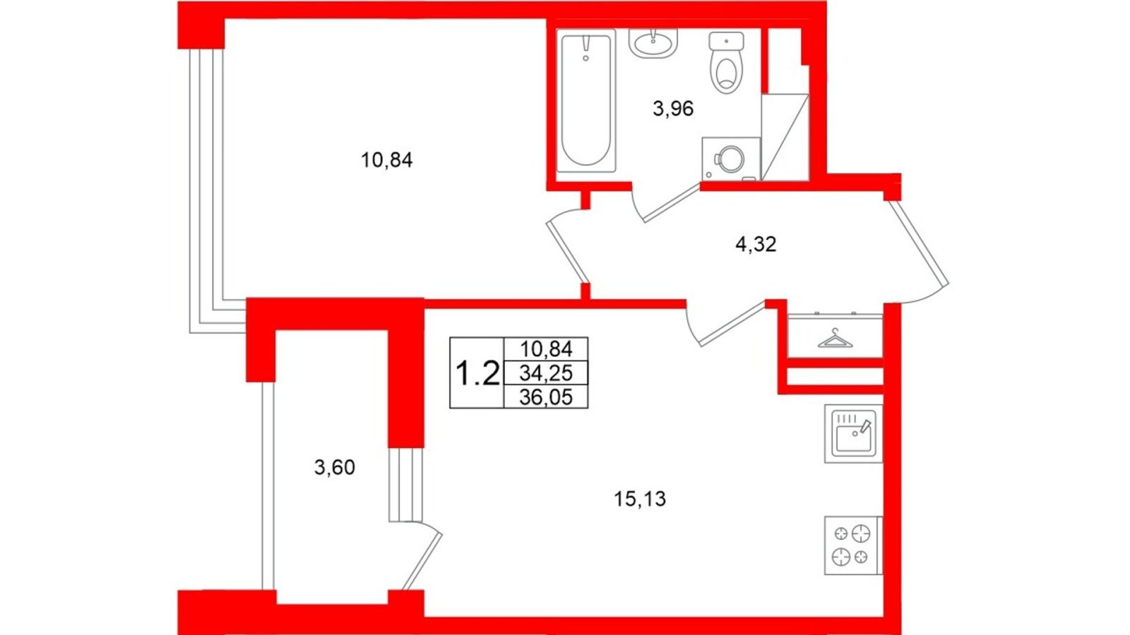 Планировка: 1-комнатная квартира, 34,3 м²