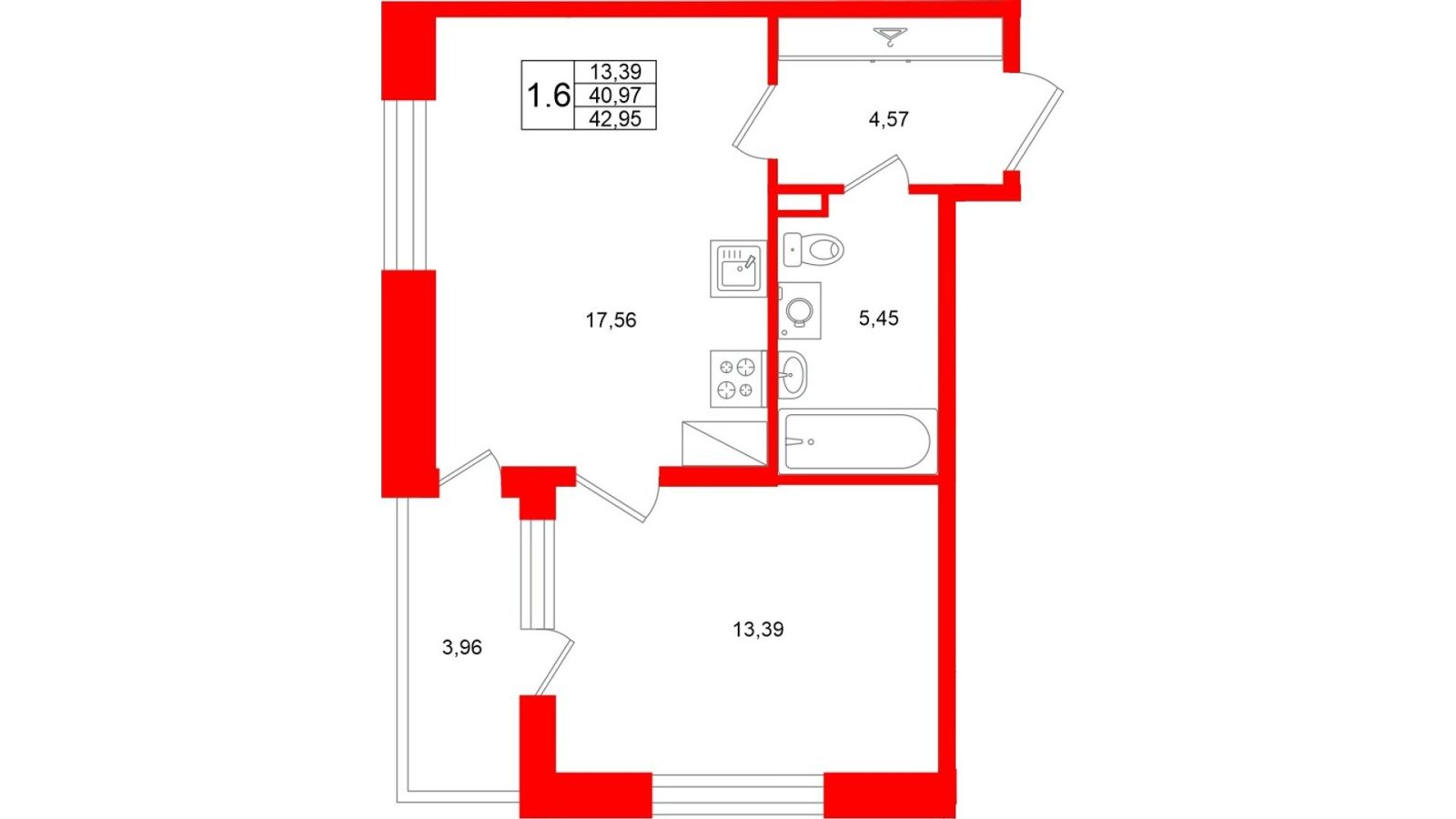 Планировка: 1-комнатная квартира, 41,0 м²