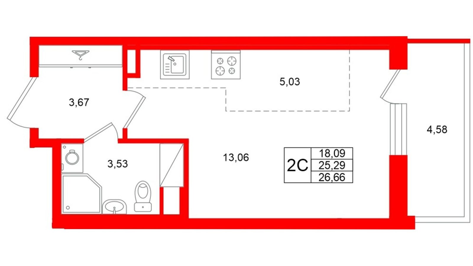 Планировка: студия, 25,3 м²
