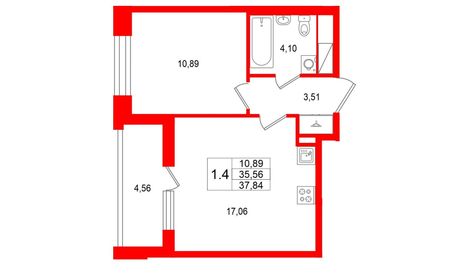 Планировка: 1-комнатная квартира, 35,6 м²