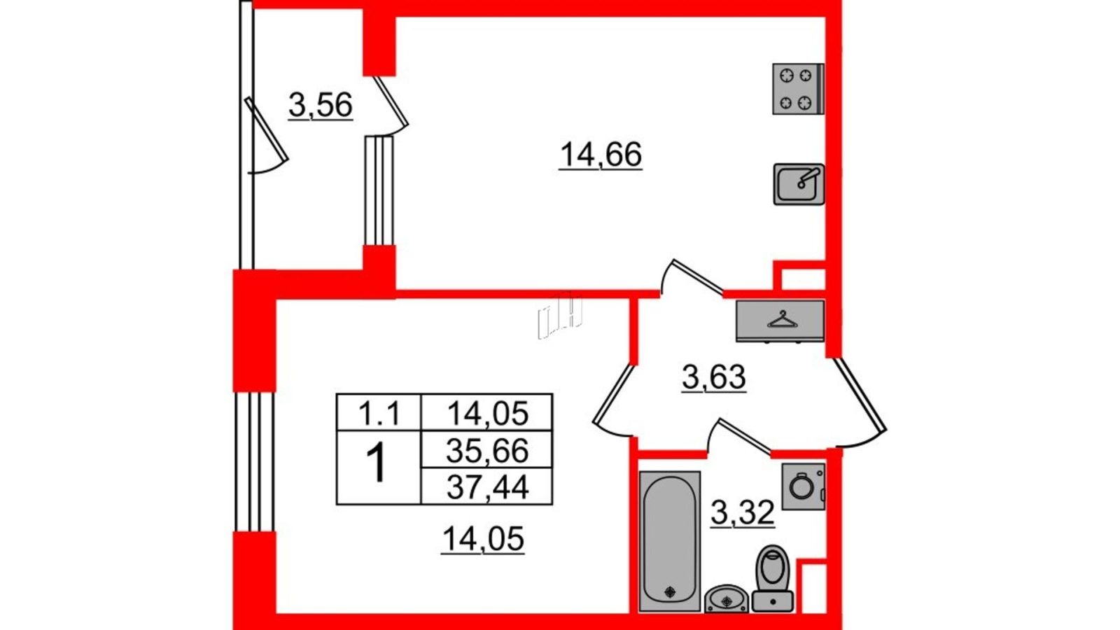 Планировка: 1-комнатная квартира, 35,0 м²