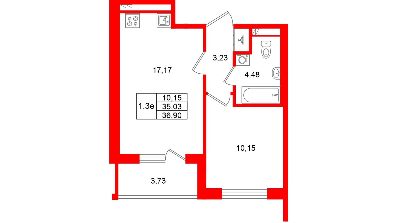 Планировка: 1-комнатная квартира, 35,0 м²