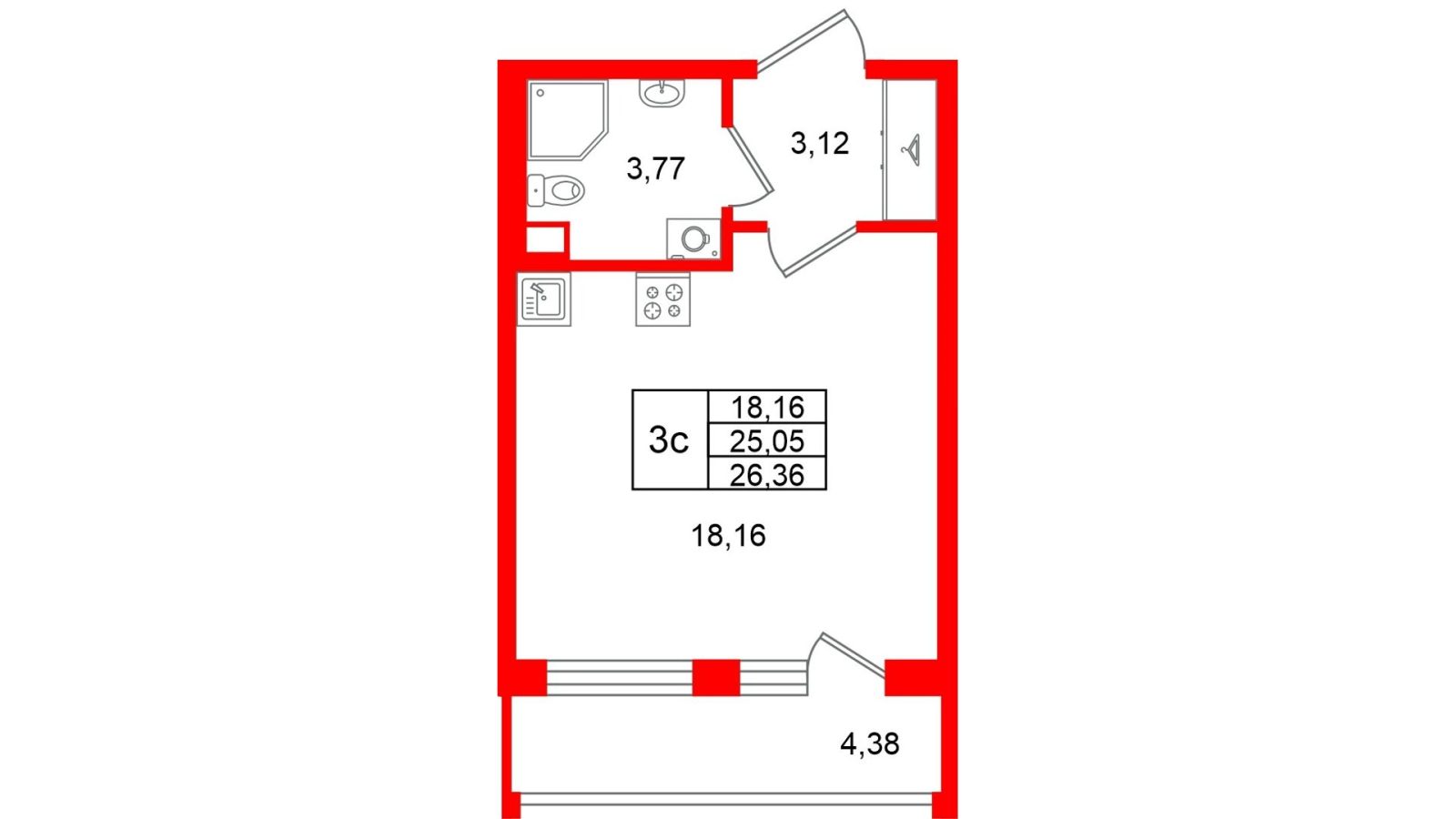 Планировка: студия, 25,1 м²