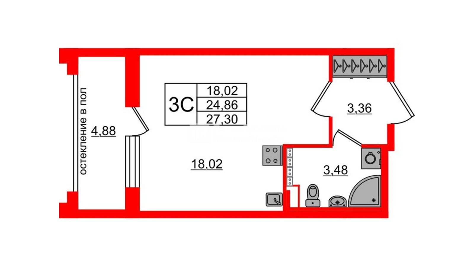Планировка: студия, 24,9 м²