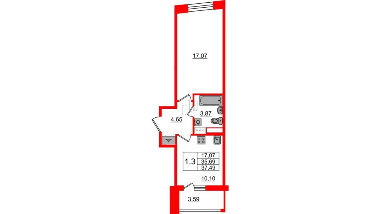 Планировка: 1-комнатная квартира, 35,7 м²