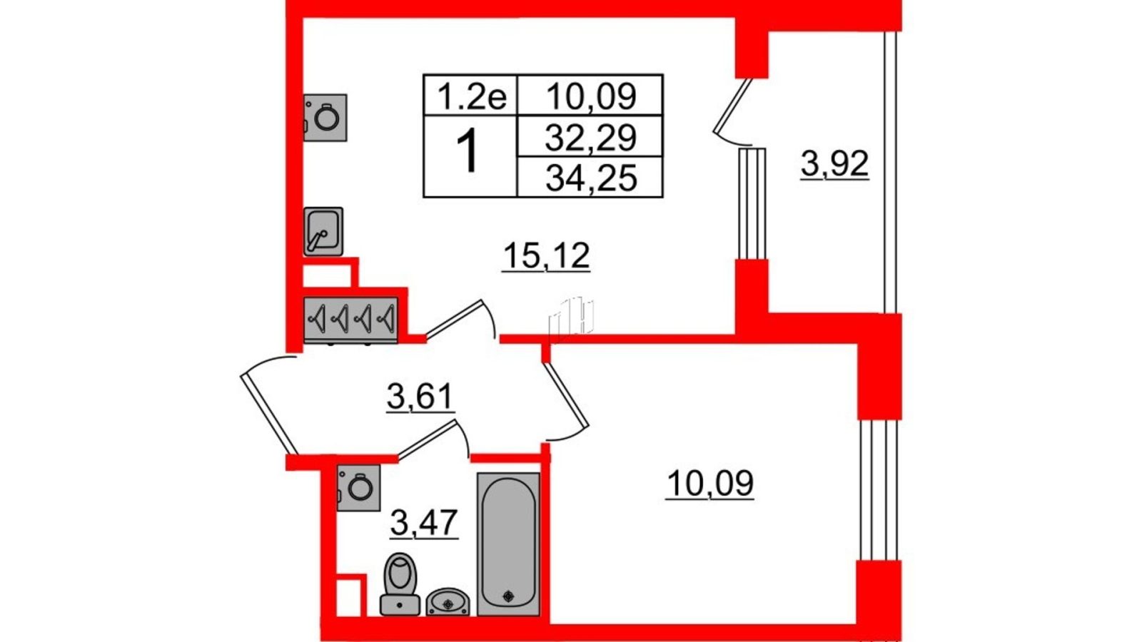 Планировка: 1-комнатная квартира, 32,3 м²