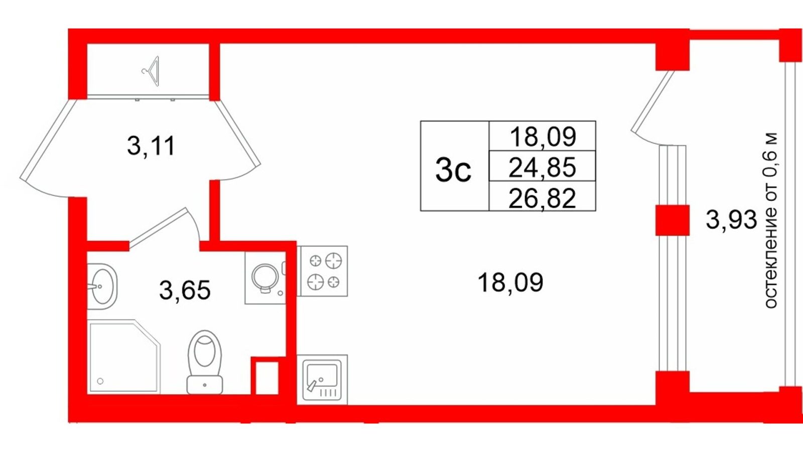 Планировка: студия, 24,9 м²