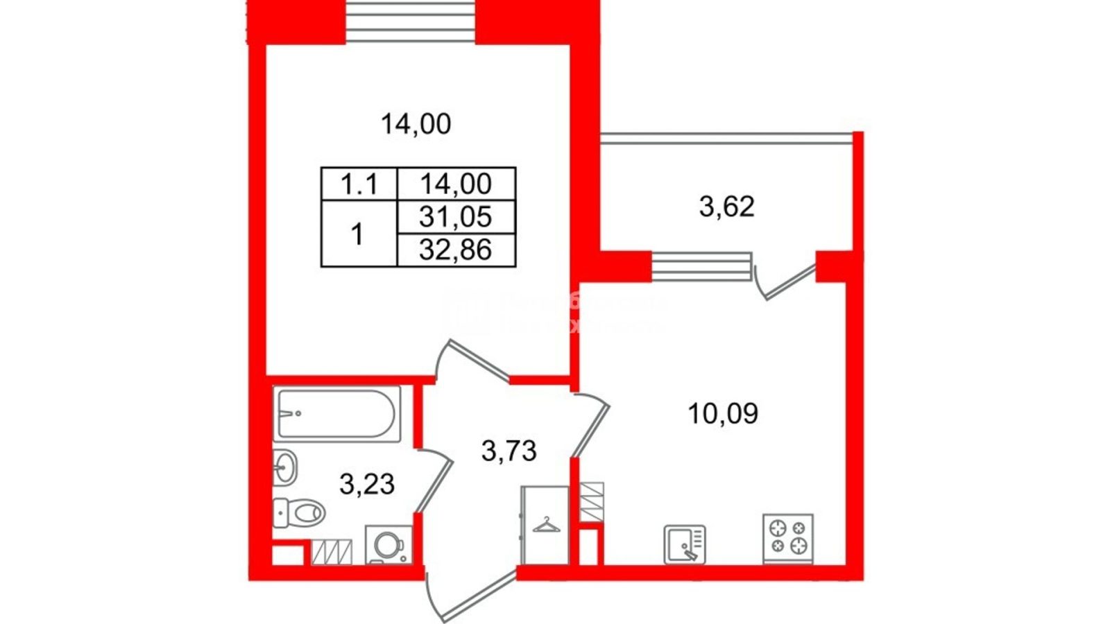 Планировка: 1-комнатная квартира, 31,1 м²